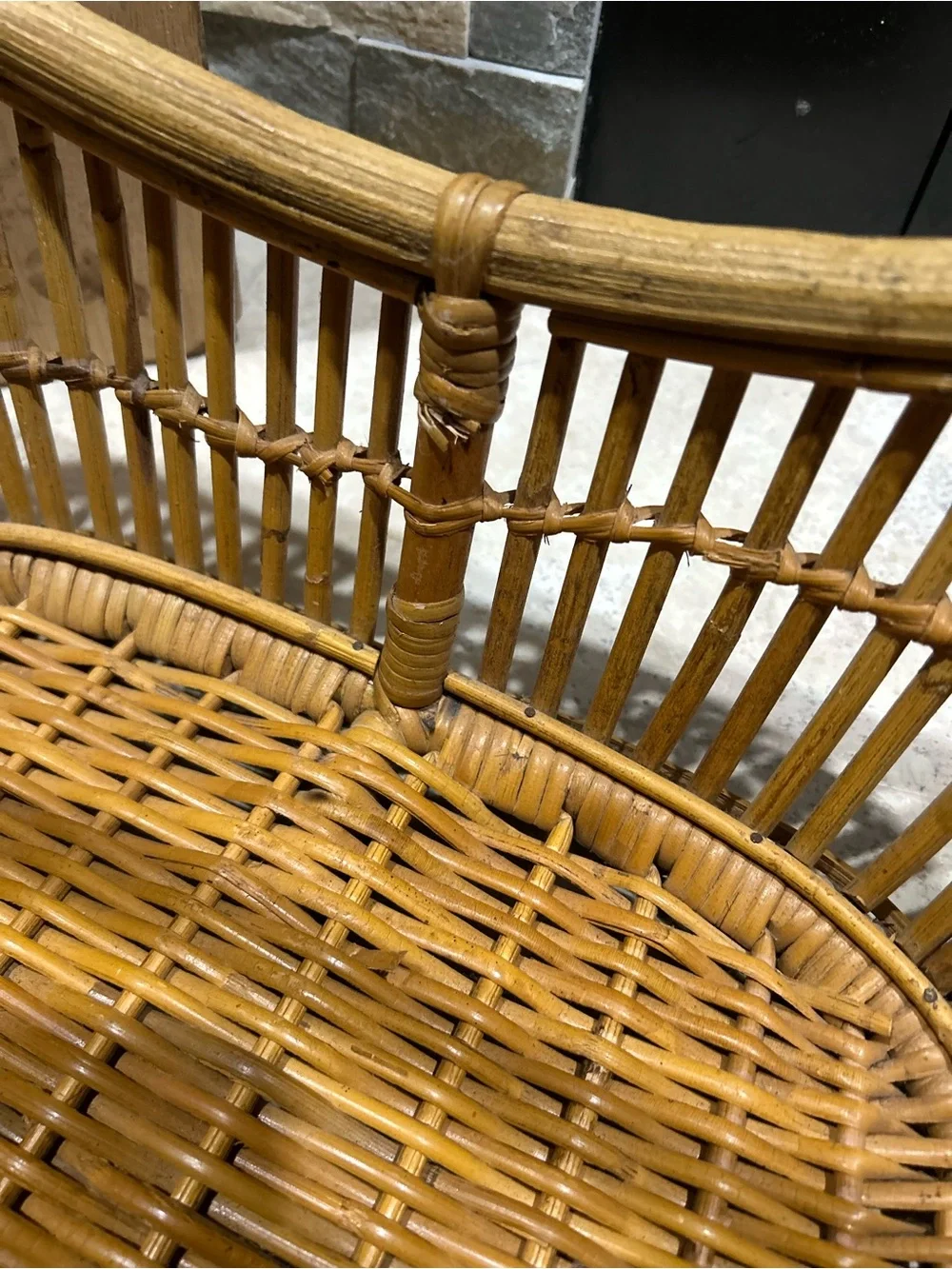 Vintage Bent Bamboo and  Natural Rattan Handled Basket